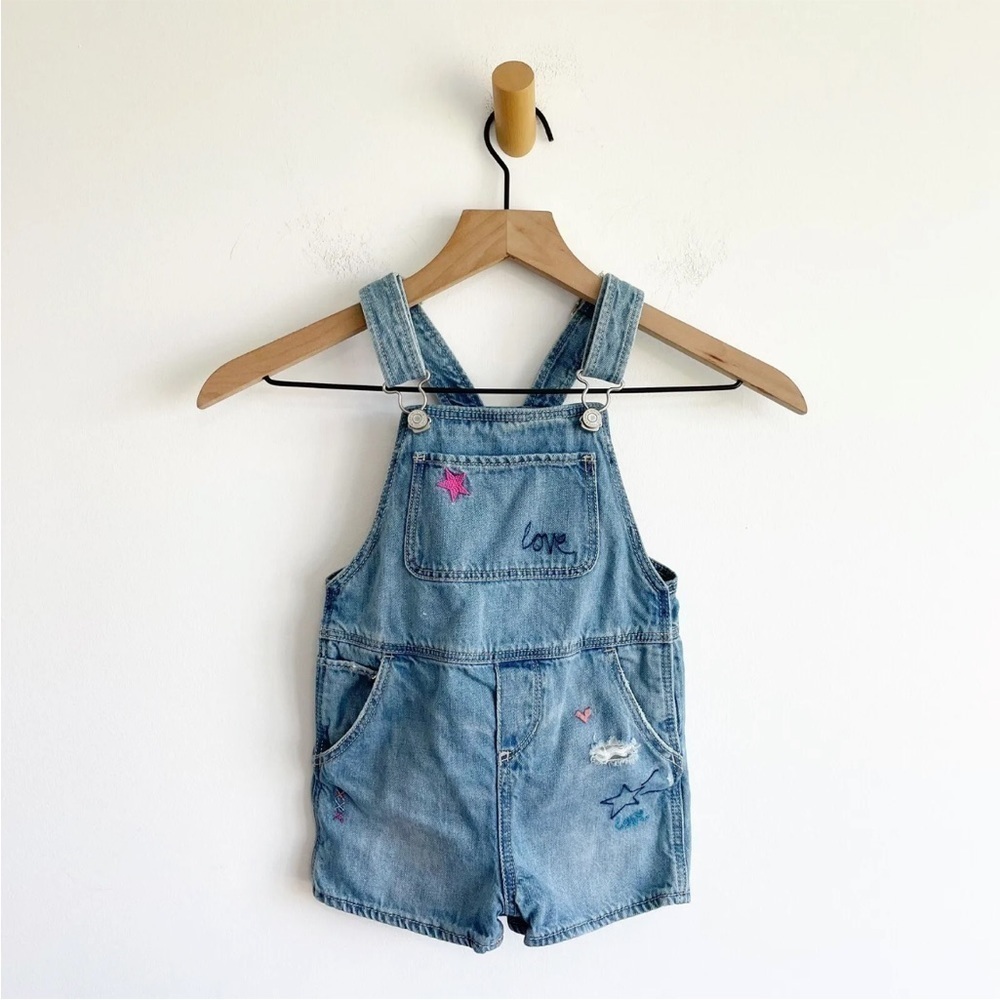 Baby Gap Distress Jean Denim Overalls Embroidered Stars and Hearts Size 4 Years